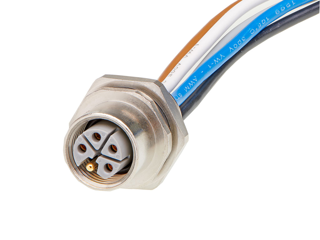 MOLEX 1205020014 Micro-Change (M12) Receptacle, 5 Poles, L-Coded, M16x1.5 Threads, Female (Straight) to Leads, 0.50m (1.64') Length, 1.50mm² Wire, Front Panel Mount