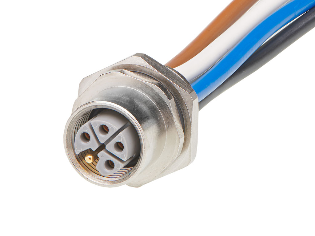 MOLEX 1205020024 Micro-Change (M12) Receptacle, 5 Poles, L-Coded, M16x1.5 Threads, Female (Straight) to Leads, 0.50m (1.64') Length, 2.50mm² Wire, Front Panel Mount