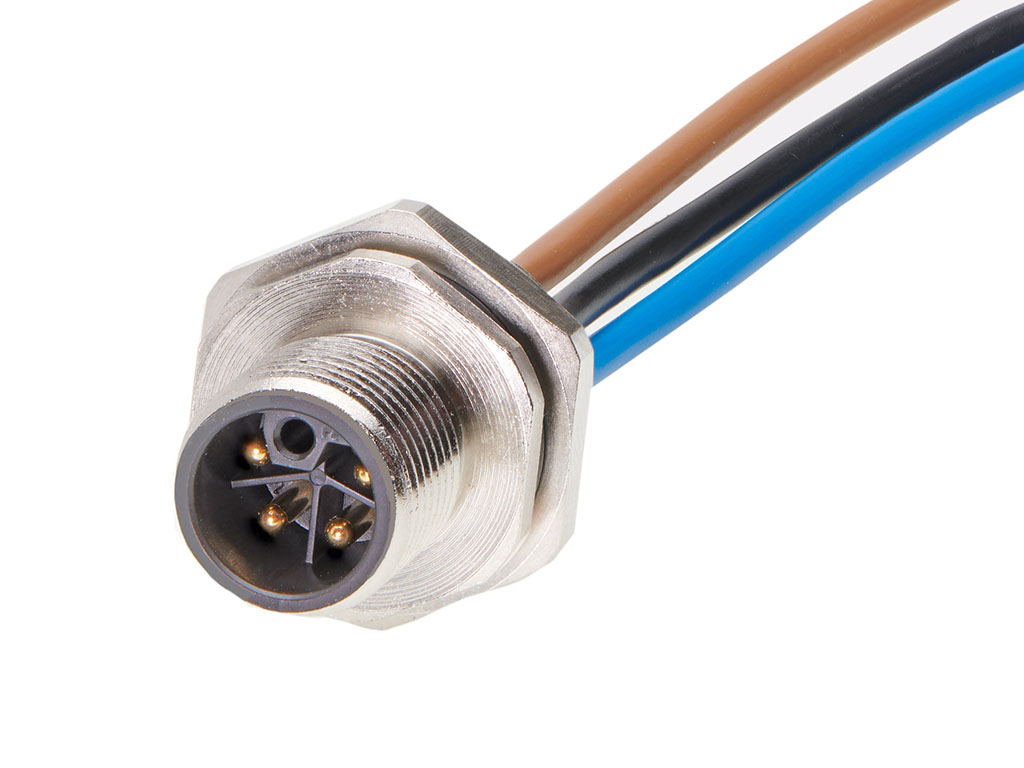 MOLEX 1205020027 Micro-Change (M12) Receptacle, 4 Poles, L-Coded, M16x1.5 Threads, Male (Straight) to Leads, 0.20m (7.87") Length, 1.50mm² Wire, Front Panel Mount