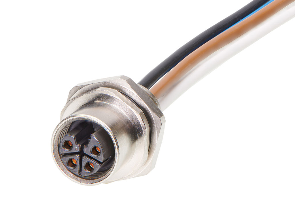 MOLEX 1205020028 Micro-Change (M12) Receptacle, 4 Poles, L-Coded, M16x1.5 Threads, Female (Straight) to Leads, 0.50m (1.64') Length, 1.50mm² Wire, Front Panel Mount