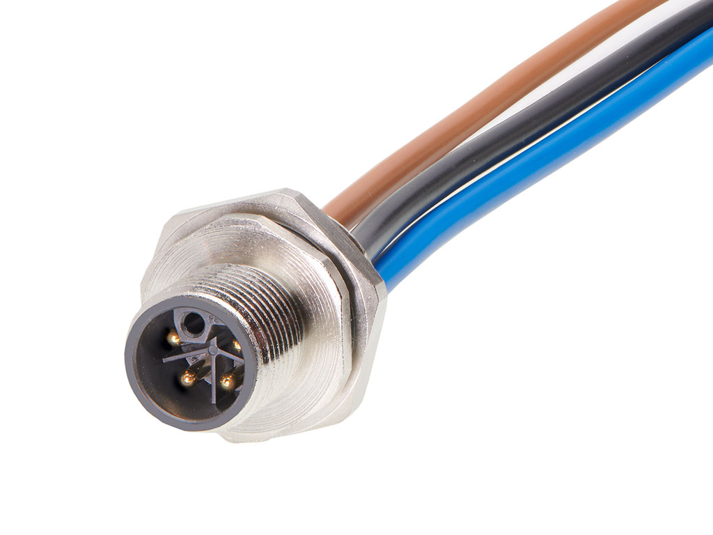 MOLEX 1205020030 Micro-Change (M12) Receptacle, 4 Poles, L-Coded, M16x1.5 Threads, Male (Straight) to Leads, 0.50m (1.64') Length, 2.50mm² Wire, Front Panel Mount