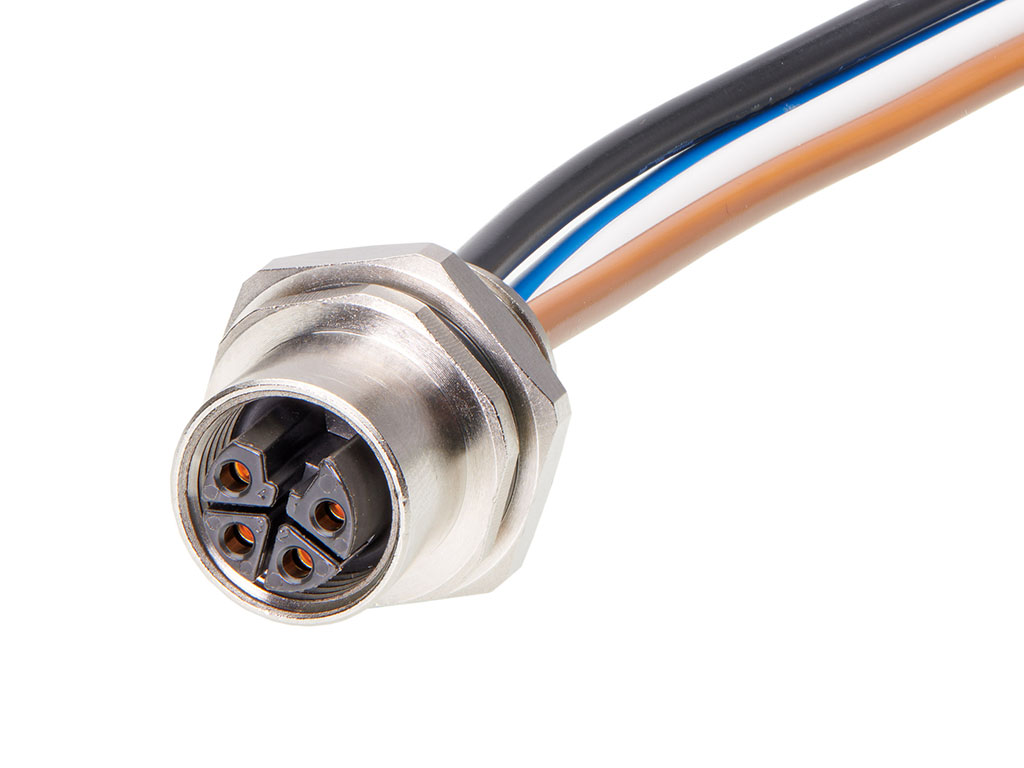 MOLEX 1205020032 Micro-Change (M12) Receptacle, 4 Poles, L-Coded, M16x1.5 Threads, Female (Straight) to Leads, 0.50m (1.64') Length, 2.50mm² Wire, Front Panel Mount