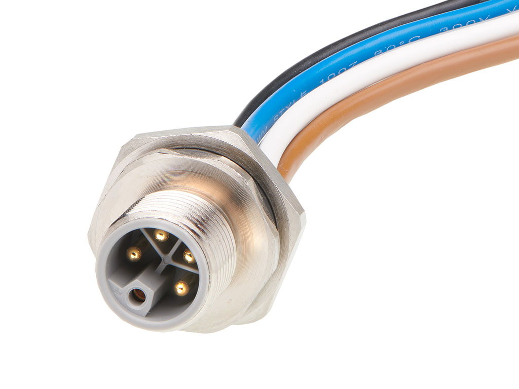 MOLEX 1205020038 Micro-Change (M12) Receptacle, 5 Poles, L-Coded, M16x1.5 Threads, Male (Straight) to Leads, 1.0m (3.28') Length, 1.50mm² Wire, Front Panel Mount