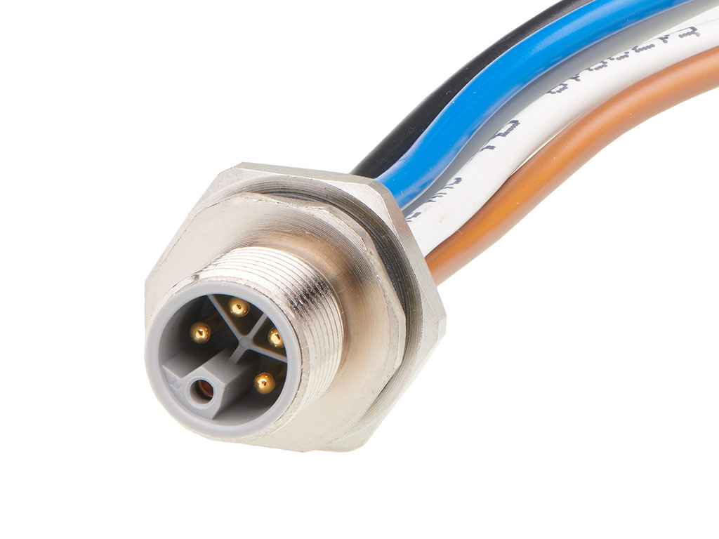 MOLEX 1205020042 Micro-Change (M12) Receptacle, 5 Poles, L-Coded, M16x1.5 Threads, Male (Straight) to Leads, 1.0m (3.28') Length, 2.50mm² Wire, Front Panel Mount