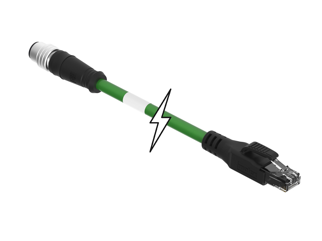 MOLEX 1201080257 Micro-Change (M12) to RJ-45 Double-Ended Cordset, 4 Poles, D-Coded, Male (Straight) to Male RJ-45, 22 AWG, Shielded PUR Cable, 5.0m (16.40') Length