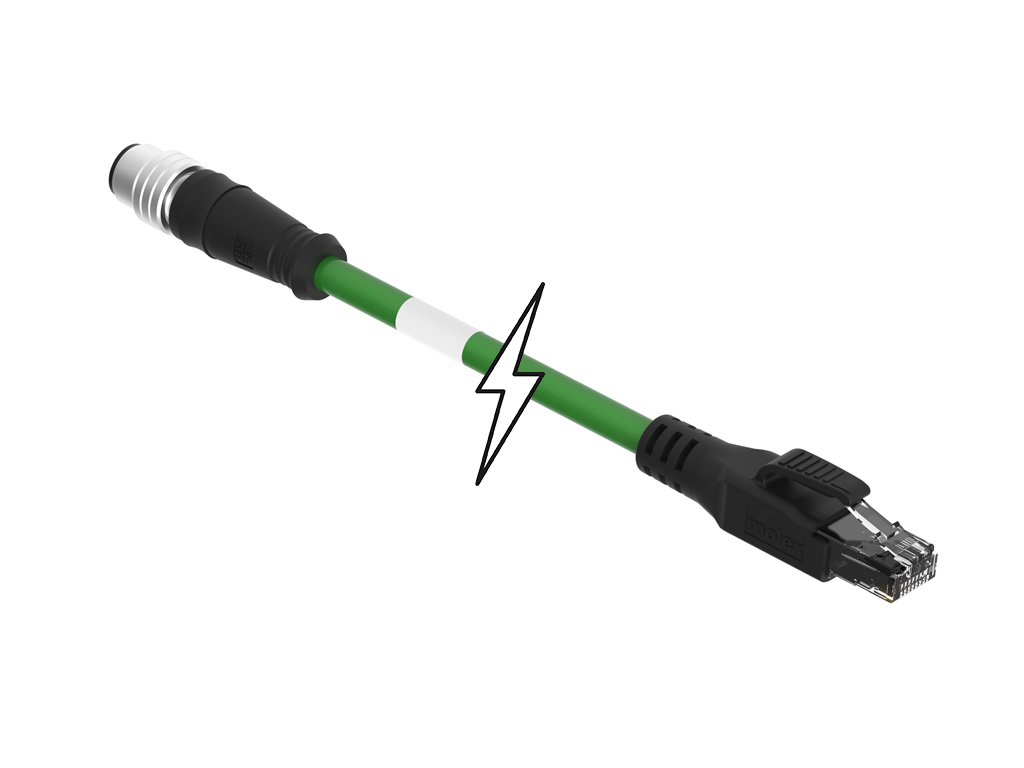 MOLEX 1201080259 Micro-Change (M12) to RJ-45 Double-Ended Cordset, 4 Poles, D-Coded, Male (Straight) to Male RJ-45, 22 AWG, Shielded PUR Cable, 15.0m (49.21') Length