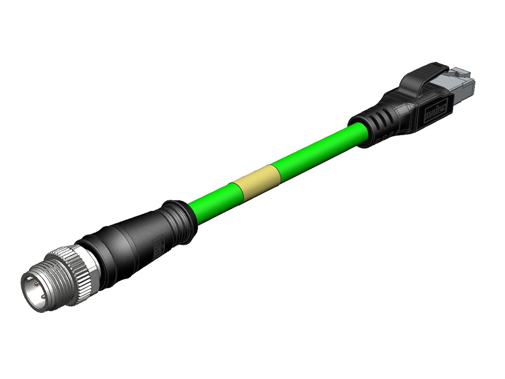 MOLEX 1201080521 Micro-Change (M12) to Standard RJ-45 Double-Ended Cordset, 4 Poles, D-Coded, Male (Straight) to Male RJ-45 (Straight), 22 AWG, Green Shielded TPU Cat5e Cable, 1.0m (3.28') Length