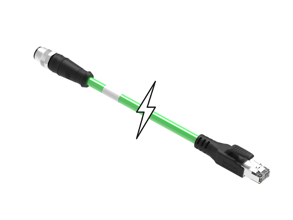MOLEX 1201080522 Micro-Change (M12) to Standard RJ-45 Double-Ended Cordset, 4 Poles, D-Coded, Male (Straight) to Male RJ-45 (Straight), 22 AWG, Green Shielded TPU Cat5e Cable, 2.0m (6.56') Length