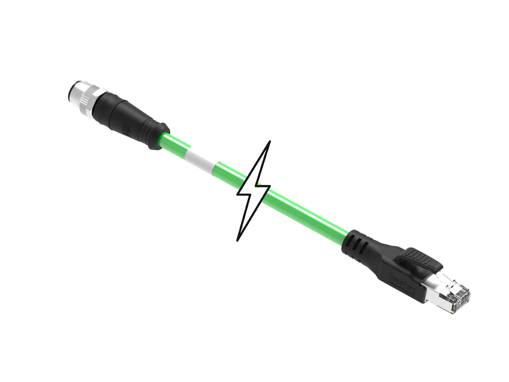MOLEX 1201080524 Micro-Change (M12) to Standard RJ-45 Double-Ended Cordset, 4 Poles, D-Coded, Male (Straight) to Male RJ-45 (Straight), 22 AWG, Green Shielded TPU Cat5e Cable, 10.0m (32.81') Length