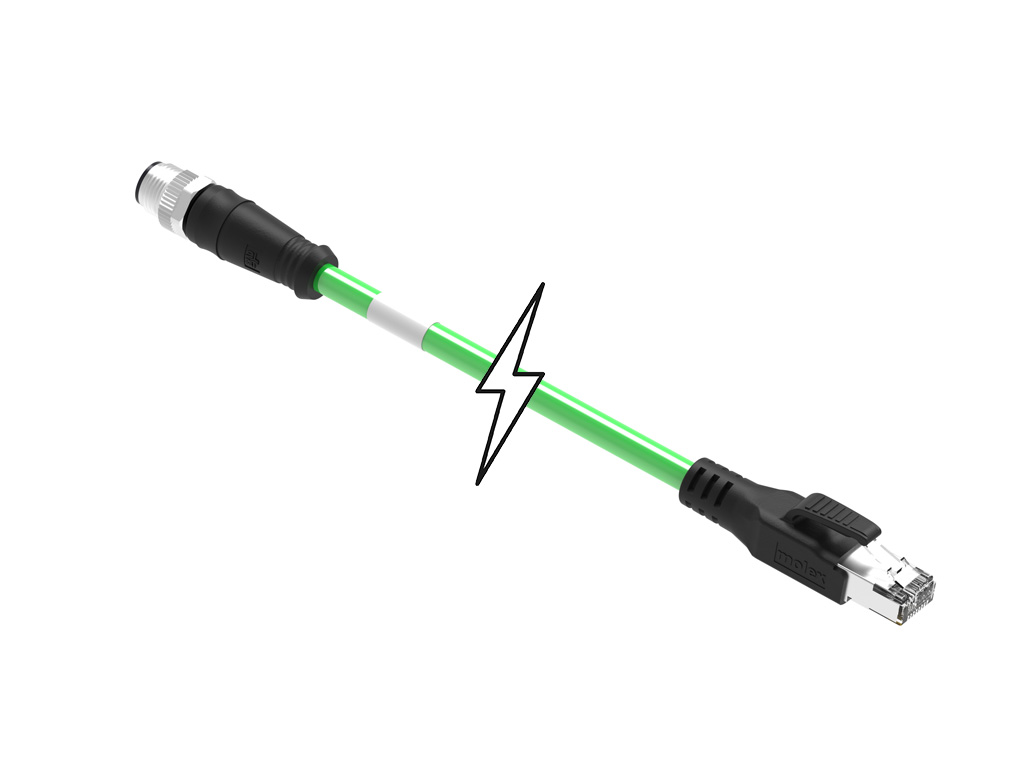 MOLEX 1201088333 Micro-Change (M12) to Standard RJ-45 Double-Ended Cordset, 4 Poles, D-Coded, Male (Straight) to Male RJ-45 (Straight), 22 AWG, Green Shielded TPU Cat5e Cable, 5.0m (16.40') Length
