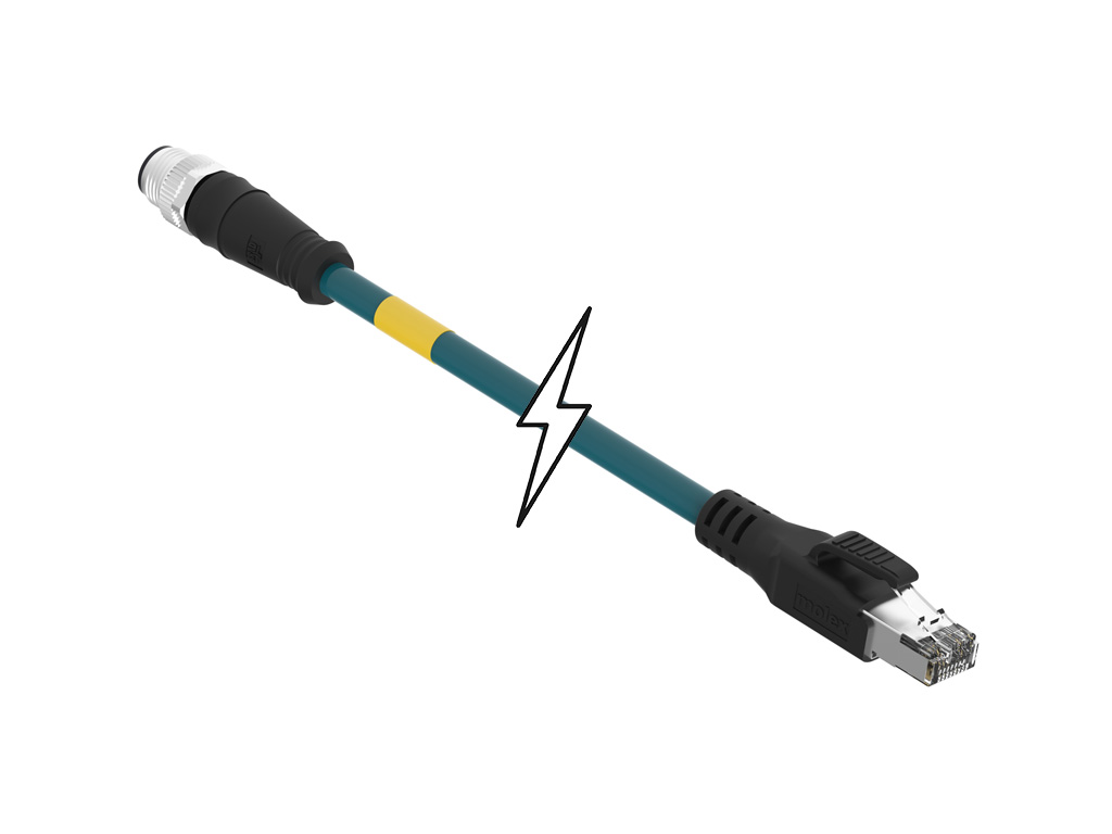 MOLEX 1201088451 Micro-Change (M12) to Standard RJ-45 Double-Ended Cordset, 4 Poles, D-Coded, Male (Straight) to Male RJ-45 (Straight), 24 AWG, Teal Shielded TPU Cat5e Cable, 2.0m (6.56') Length