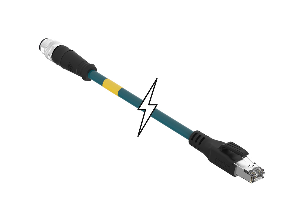 MOLEX 1201088452 Micro-Change (M12) to Standard RJ-45 Double-Ended Cordset, 4 Poles, D-Coded, Male (Straight) to Male RJ-45 (Straight), 24 AWG, Teal Shielded TPU Cat5e Cable, 3.0m (9.84') Length