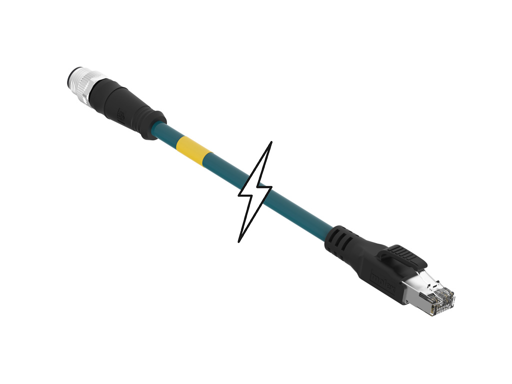MOLEX 1201088454 Micro-Change (M12) to Standard RJ-45 Double-Ended Cordset, 4 Poles, D-Coded, Male (Straight) to Male RJ-45 (Straight), 24 AWG, Teal Shielded TPU Cat5e Cable, 5.0m (16.40') Length