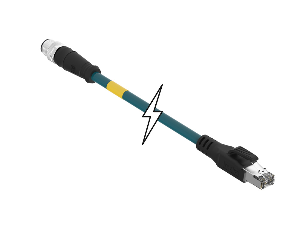 MOLEX 1201088458 Micro-Change (M12) to Standard RJ-45 Double-Ended Cordset, 4 Poles, D-Coded, Male (Straight) to Male RJ-45 (Straight), 24 AWG, Teal Shielded TPU Cat5e Cable, 10.0m (32.81') Length