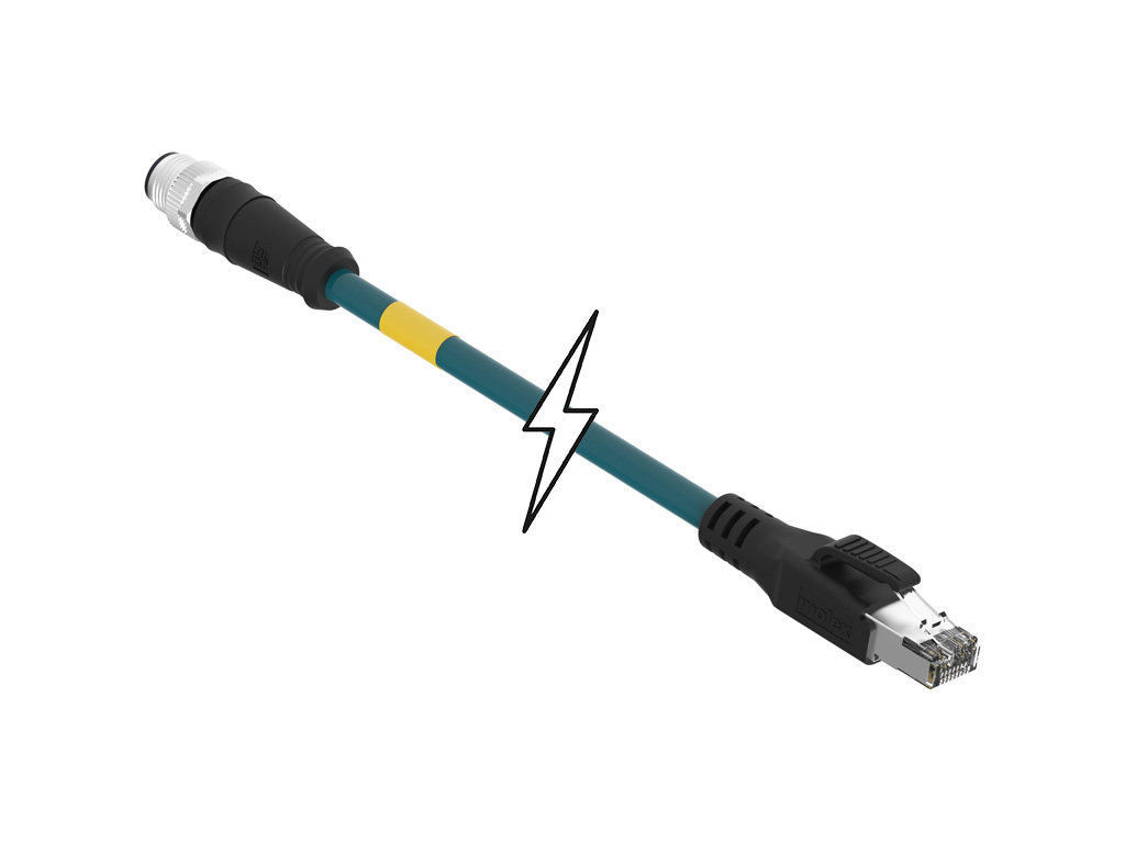 MOLEX 1201088460 Micro-Change (M12) to Standard RJ-45 Double-Ended Cordset, 4 Poles, D-Coded, Male (Straight) to Male RJ-45 (Straight), 24 AWG, Teal Shielded TPU Cat5e Cable, 15.0m (49.21') Length