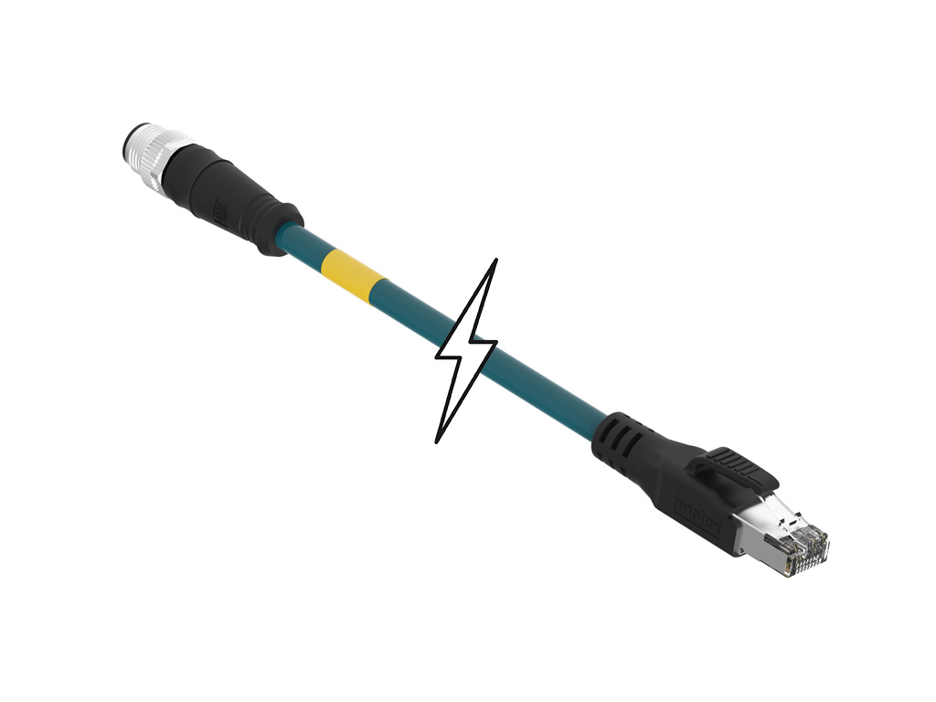 [1201088461] MOLEX 1201088461 Micro-Change (M12) to Standard RJ-45 Double-Ended Cordset, 4 Poles, D-Coded, Male (Straight) to Male RJ-45 (Straight), 24 AWG, Teal Shielded TPU Cat5e Cable, 20.0m (65.62') Length