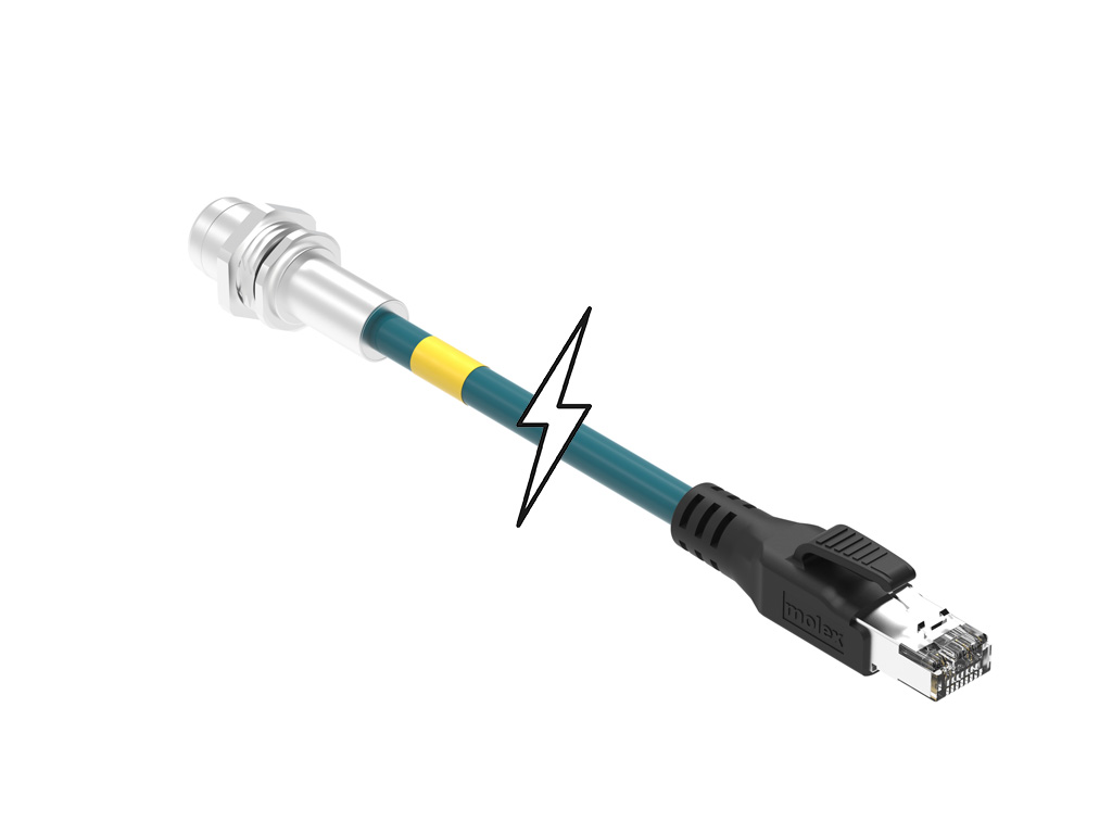 MOLEX 1201088499 Micro-Change (M12) to Standard RJ-45 Double-Ended Cordset, 4 Poles, D-Coded, Female (Straight) to Male RJ-45 (Straight), 24 AWG, Teal Shielded TPU Cat5e Cable, 1.0m (3.28') Length