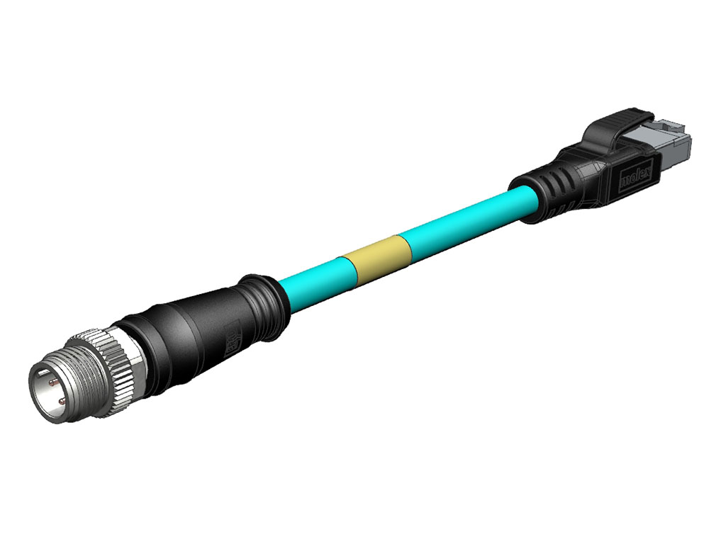 MOLEX 1201088777 Micro-Change (M12) to Standard RJ-45 Double-Ended Cordset, 4 Poles, D-Coded, Male (Straight) to Male RJ-45 (Straight), 24 AWG, Teal Shielded TPU Cat5e Cable, 0.60m (1.97') Length