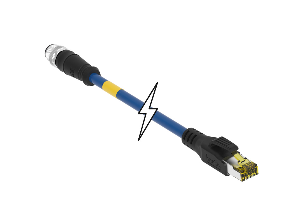 MOLEX 1203410502 Micro-Change (M12) to Standard RJ-45 CAT6A Double-Ended Cordset, 8 Poles, X-Coded, Male (Straight) to Male RJ-45 (Straight), 26 AWG, Green Shielded PUR Cable, 2.0m (6.56') Length