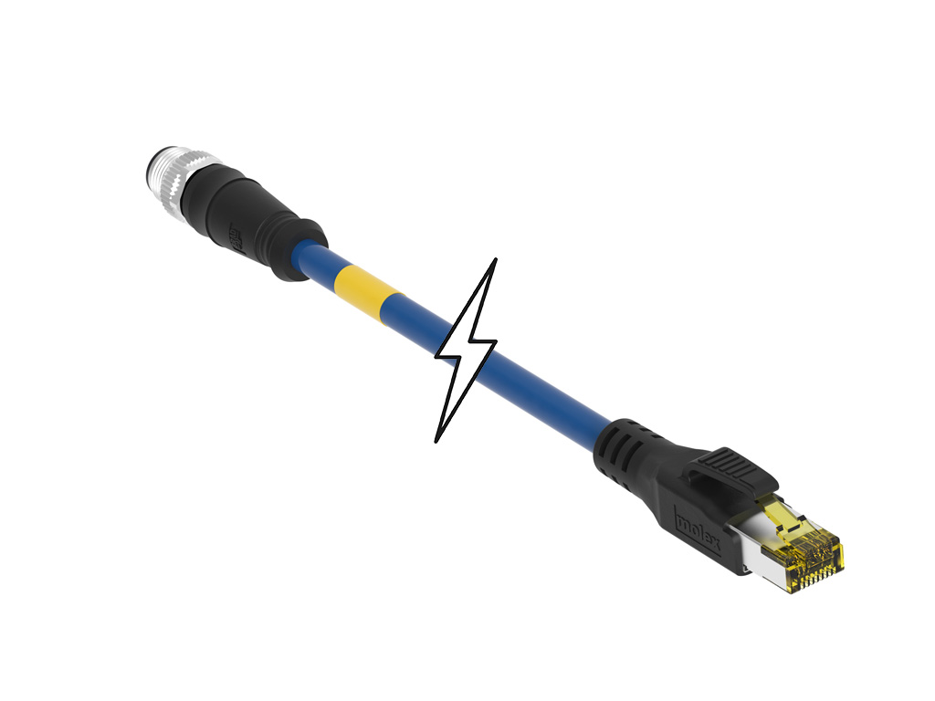 MOLEX 1203410505 Micro-Change (M12) to Standard RJ-45 CAT6A Double-Ended Cordset, 8 Poles, X-Coded, Male (Straight) to Male RJ-45 (Straight), 26 AWG, Green Shielded PUR Cable, 5.0m (16.40') Length