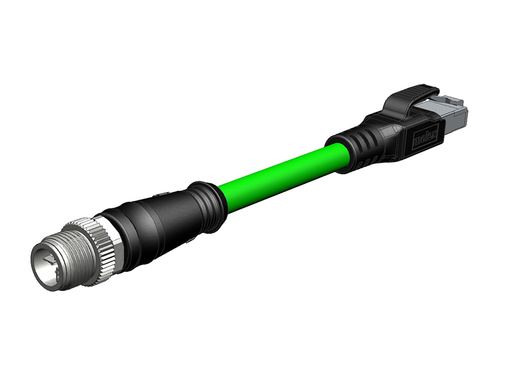 MOLEX 1203411048 Micro-Change (M12) to Standard RJ-45 CAT6A Double-Ended Cordset, 8 Poles, X-Coded, Male (Straight) to Male (Straight), 26 AWG, Green Teal Shielded TPE Cable, 50.0m (164.04') Length, with ID Tag