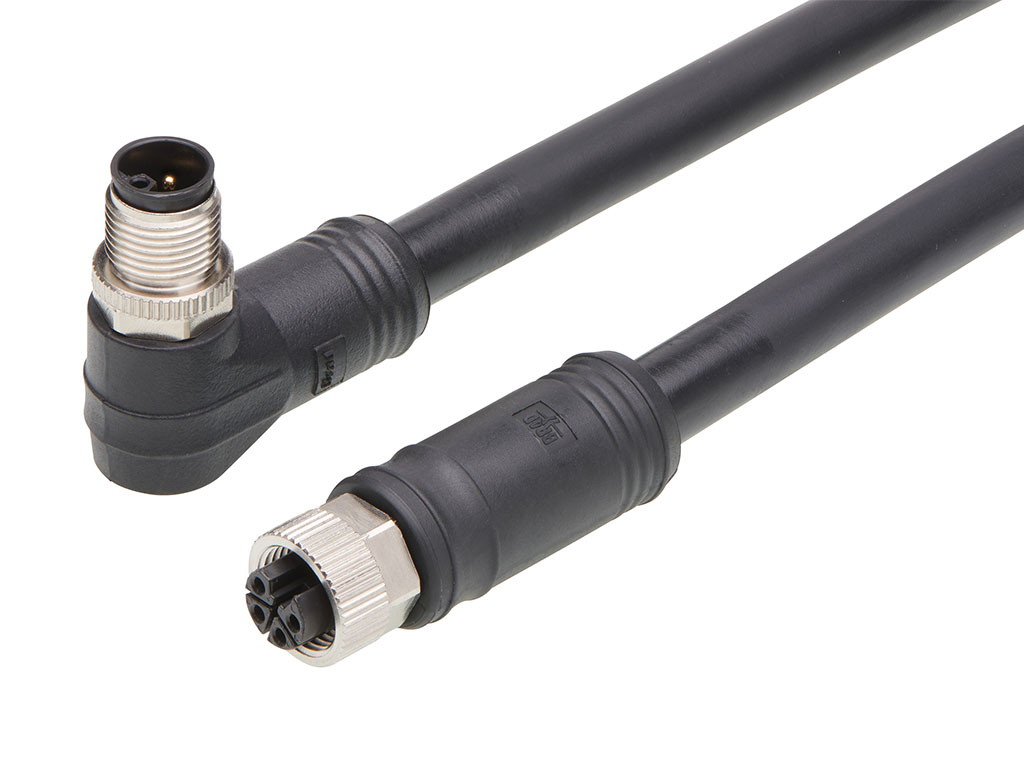 MOLEX 1205010155 Micro-Change (M12) Double-Ended Cordset, 4 Poles, L-Coded, Female (Straight) to Male (90°), 14 AWG, Black TPU WSOR Cable, 20.0m (65.62') Length