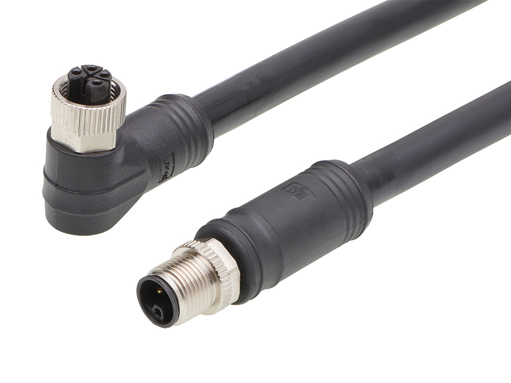 MOLEX 1205010246 Micro-Change (M12) Double-Ended Cordset, 4 Poles, L-Coded, Female (90°) to Male (Straight), 16 AWG, Black TPU WSOR Cable, 15.0m (49.21') Length