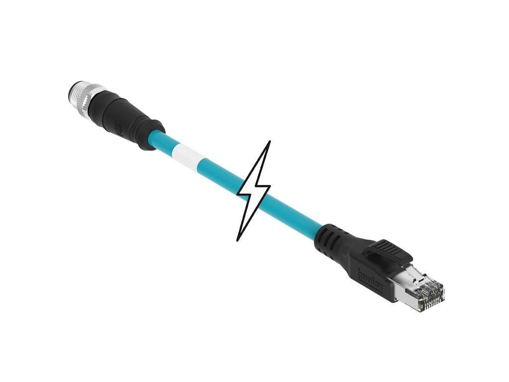 MOLEX 1300480306 Micro-Change (M12) to Standard RJ-45 Double-Ended Cordset, 4 Poles, D-Coded, Male (Straight) to Male RJ-45 (Straight), 24 AWG, Teal Unshielded TPE Cat5e Cable, 10.0m (32.81') Length