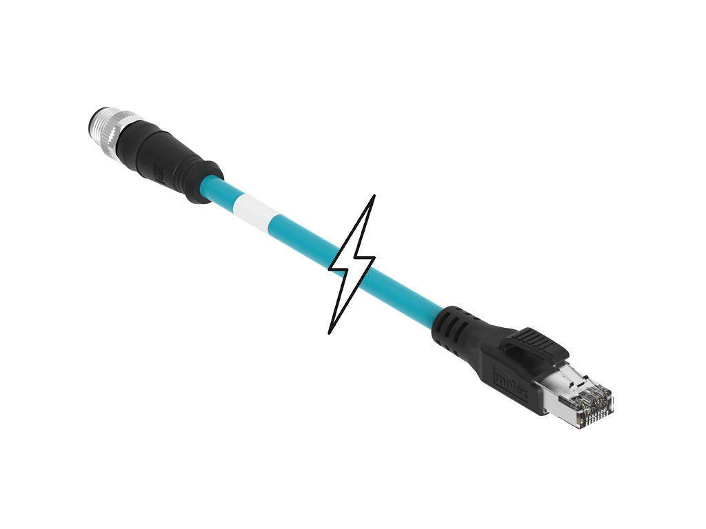 MOLEX 1300480307 Micro-Change (M12) to Standard RJ-45 Double-Ended Cordset, 4 Poles, D-Coded, Male (Straight) to Male RJ-45 (Straight), 24 AWG, Teal Unshielded TPE Cat5e Cable, 15.0m (49.21') Length