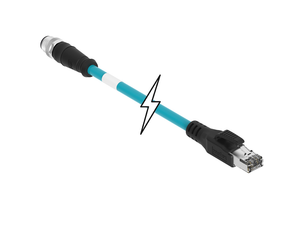 MOLEX 1300480359 Micro-Change (M12) to Standard RJ-45 Double-Ended Cordset, 4 Poles, D-Coded, Male (Straight) to Male RJ-45 (Straight), 24 AWG, Teal Unshielded TPE Cat5e Cable, 27.0m (88.58') Length