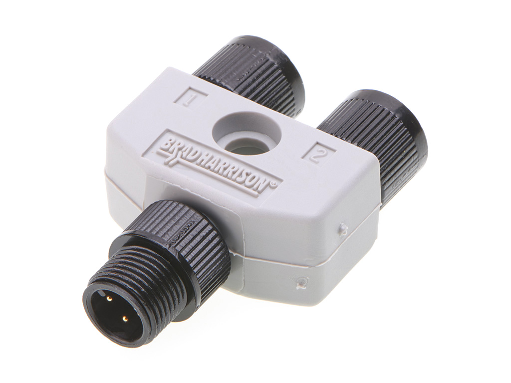 [1200680169] MOLEX 1200680169 Micro-Change (M12) Solid Body Splitter, 1 x 4-Pole Male to 2 x 4-Pole Females, Grey TPE Overmold