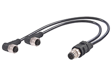 MOLEX 1200688189 Micro-Change (M12) In-Line Splitter with Knurled Hexnuts, 4 Pole, 1 x 4-Pole Male (Straight) to 2 x 3-Pole Female (90°), WSOR Cable, 0.60m (1.97') Length