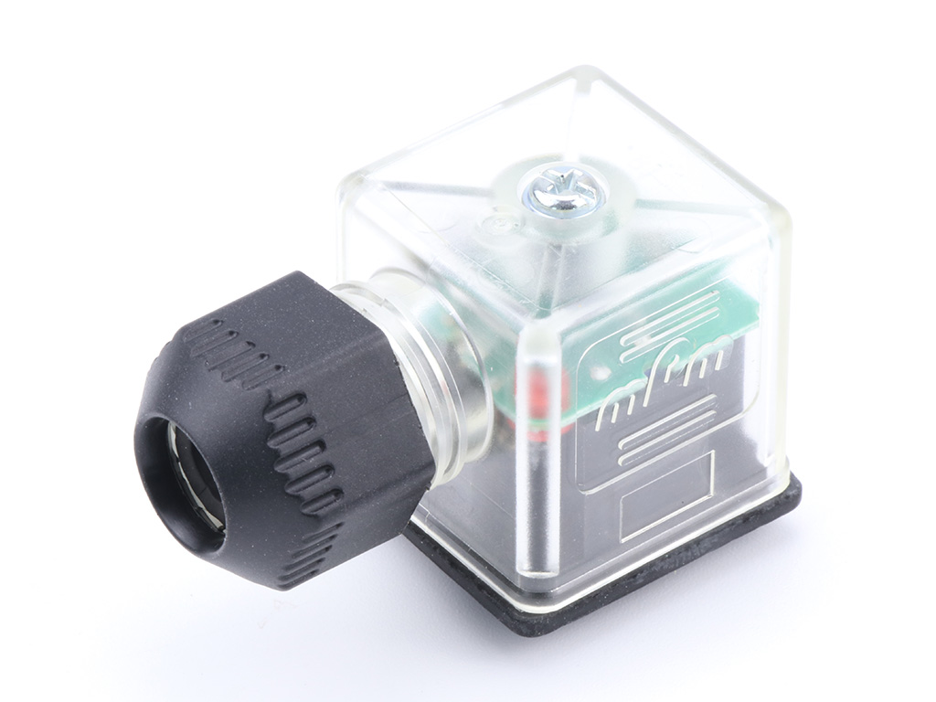 MOLEX 1212070004 mPm DIN Valve Connector, Form A-18mm, External Threads, 2 Pole Plus Ground with C4 Circuit, 24V, Red LED + VDR, Transparent, Integrated Nitrile Gasket, Single Bag, Unmounted
