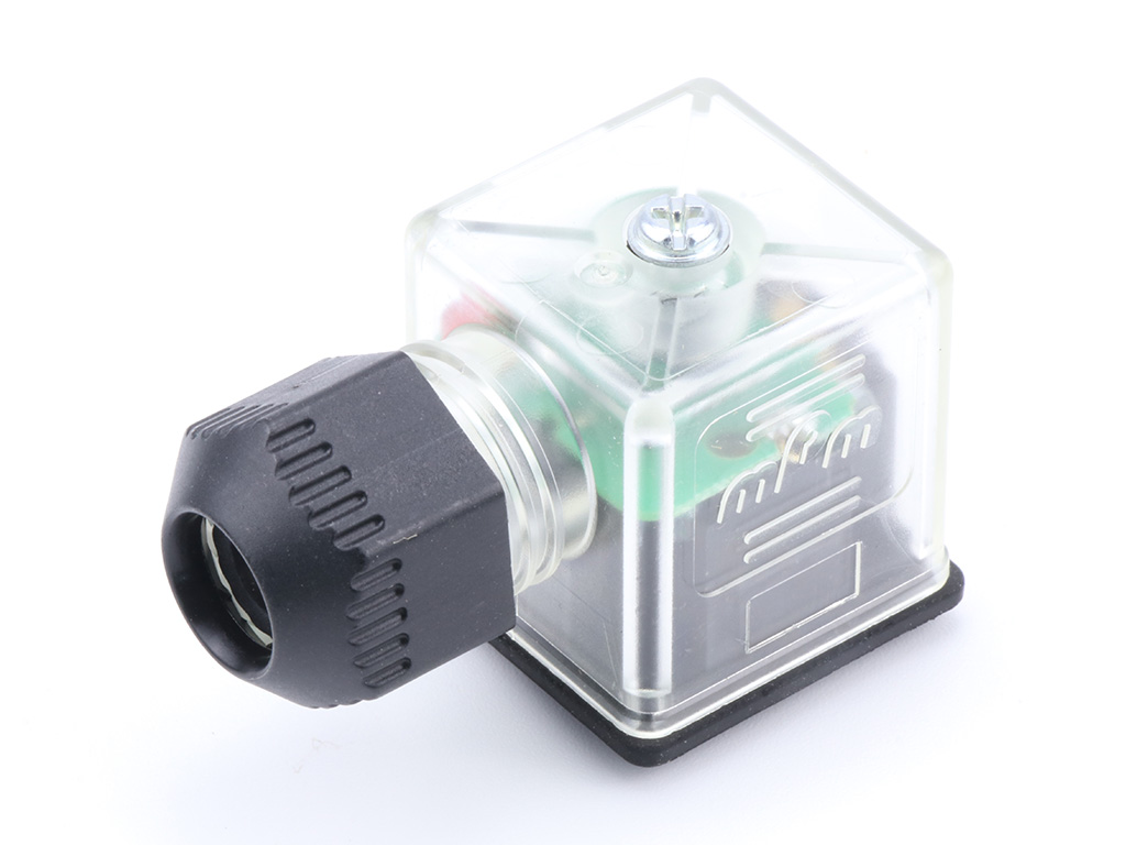 [1212070358] MOLEX 1212070358 mPm DIN Valve Connector, Form A-18mm, External Threads, 2 Pole Plus Ground with C4 Circuit, 24V, Red LED + VDR, Transparent, Integrated Nitrile Gasket, Bulk Pack, Mounted