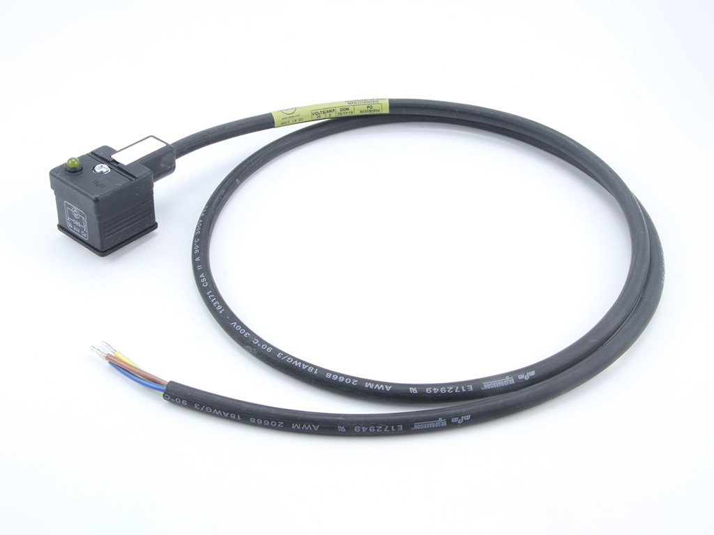 MOLEX 2210502939 mPm DIN Valve Connector, Form A - 18mm 2 Pole to 1.0m Black PUR UL Cable Pigtail, Yellow LED, Black Integrated Gasket, 24V