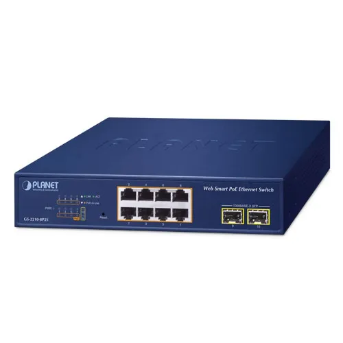 PLANET GS-2210-8P2S 8-porttinen 10/100/1000T 802. 3at PoE + 2-Port 1000X SFP Web Smart Ethernet-kytkin