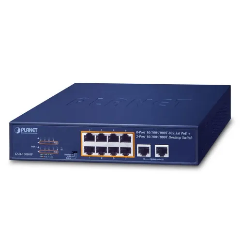 [GSD-1008HP] PLANET GSD-1008HP 8-porttinen 10/100/1000T 802. 3at PoE + 2-porttinen 10/100/1000T Pöytäkytkin 120W