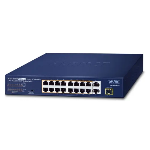 PLANET FGSD-1821P 16-porttinen 10/100TX 802.3at PoE + 2-porttinen 10/100/1000T + jaettu 1-porttinen 1000X SFP Pöytäkytkin 185W