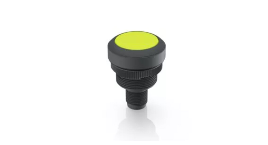 RAFI 1.10.011.001/0441 RAMO 22 T Painikekytkin - M12, round collar, momentary contact function, frontring black, 1 NO, bezel yellow