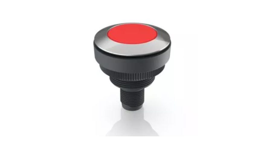 [1.11.011.001/0330] RAFI 1.11.011.001/0330 RAMO 30 T M12 Painikekytkin - round collar, momentary contact function, frontring stainless steel, 1 NO, bezel red