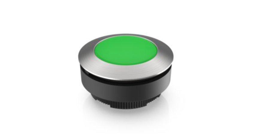[1.30.290.021/2500] RAFI 1.30.290.021/2500 RAFIX 30 FS+ Valaistu painikekytkin - round collar, momentary contact function, frontring stainless steel, bezel green