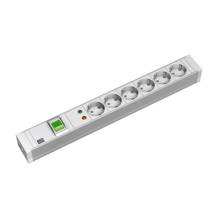BACHMANN 333.605 Virtapaneeli 6 x Schuko-kytkettävä telineeseen asennettava, 2,0 m 1U, harmaa PVC ylijännitesuoja