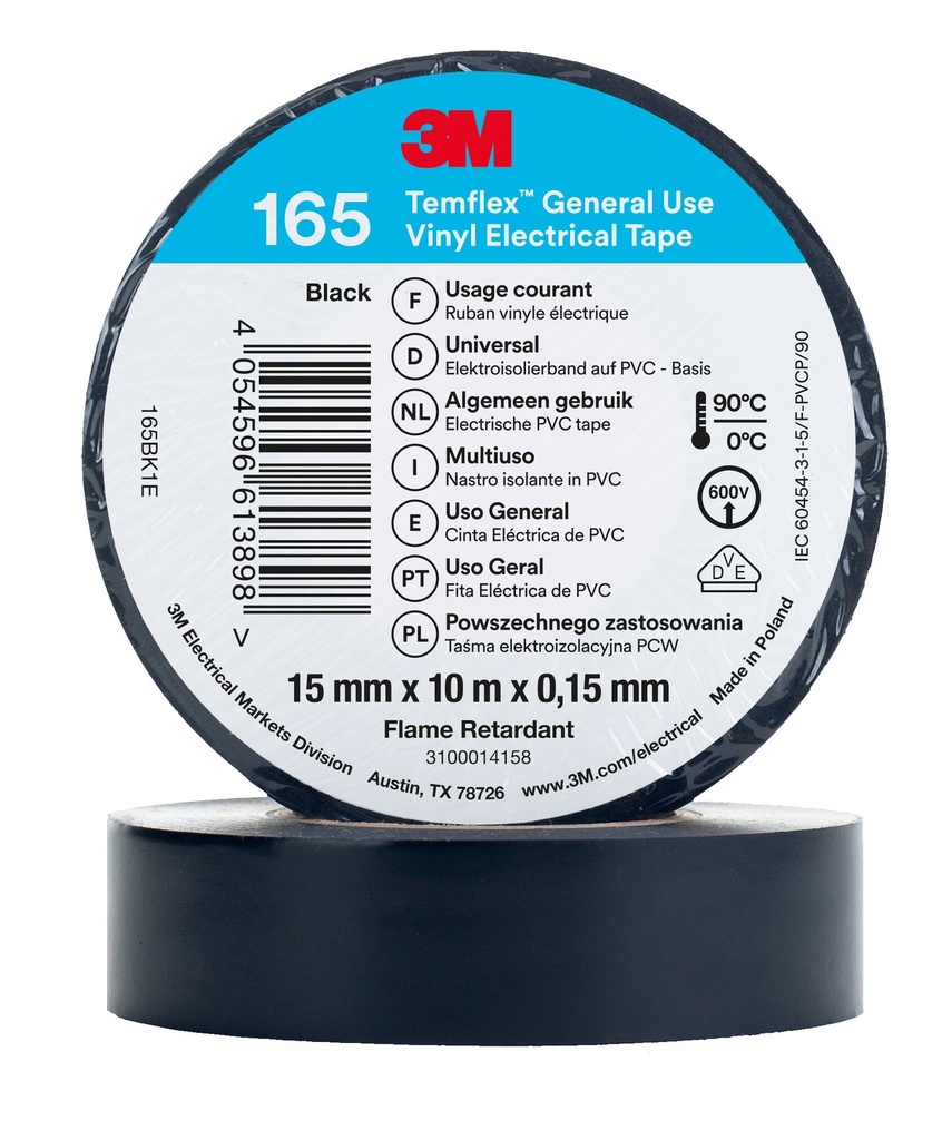 3M 6002100 Temflex -vinyylisähköteippi 165, Musta, 15 mm x 10 m