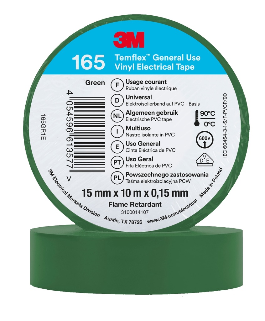 3M 6002107 Temflex -vinyylisähköteippi 165, Vihreä, 15 mm x 10 m