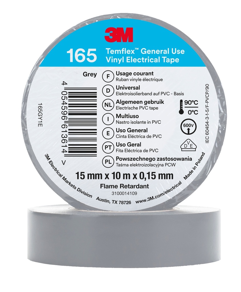 3M 6002109 Temflex -vinyylisähköteippi 165, Harmaa, 15 mm x 10 m