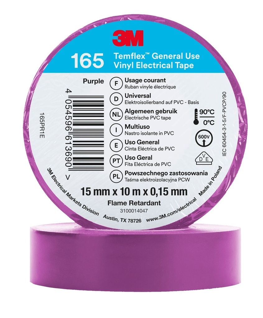 3M 6002118 Temflex -vinyylisähköteippi 165, Violetti, 15 mm x 10 m