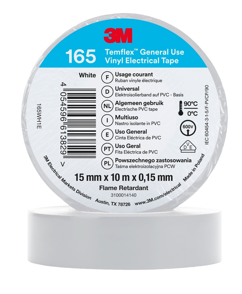 3M 6002132 Temflex -vinyylisähköteippi 165, Valkoinen, 15 mm x 10 m