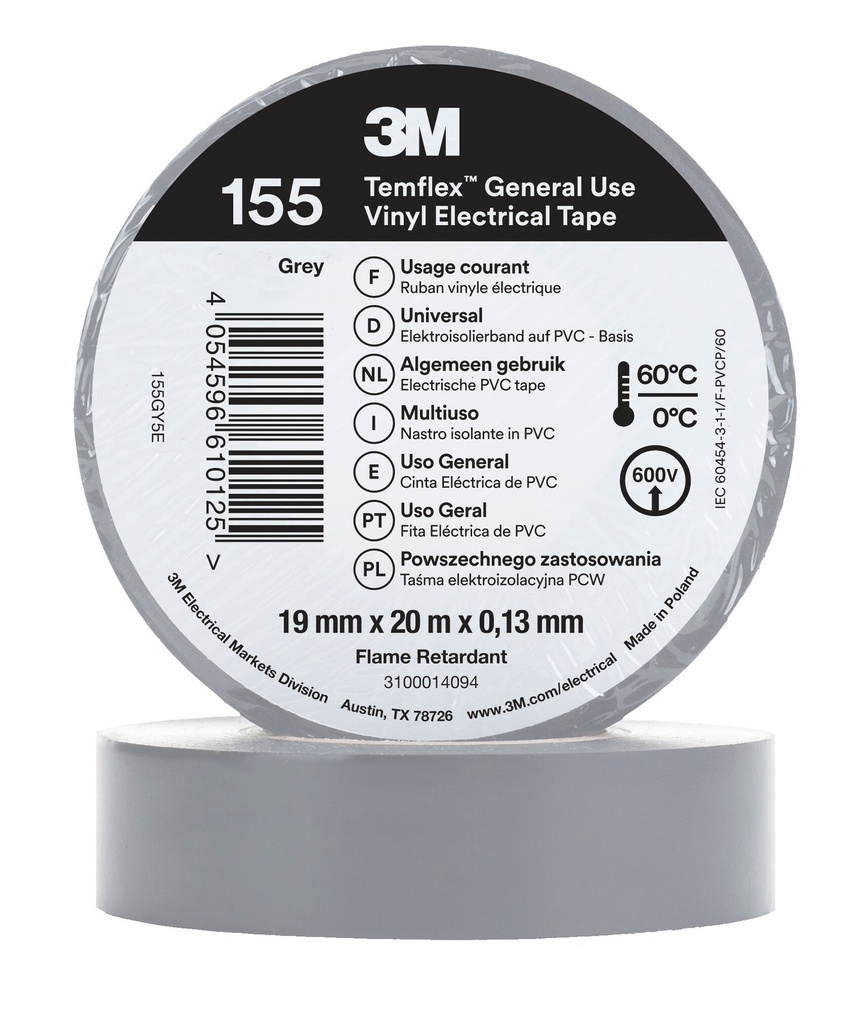 3M 6002135 Temflex -vinyylisähköteippi 155, Harmaa, 19 mm x 20 m