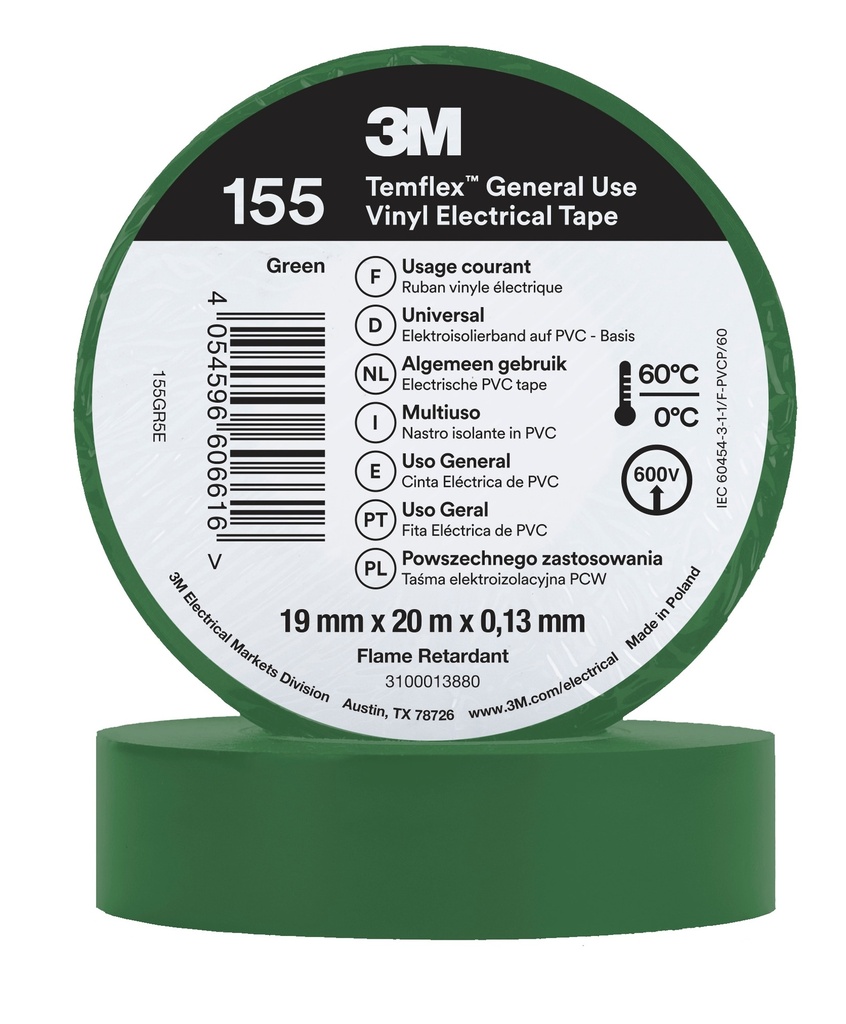 3M 6002141 Temflex -vinyylisähköteippi 155, Vihreä, 19 mm x 20 m