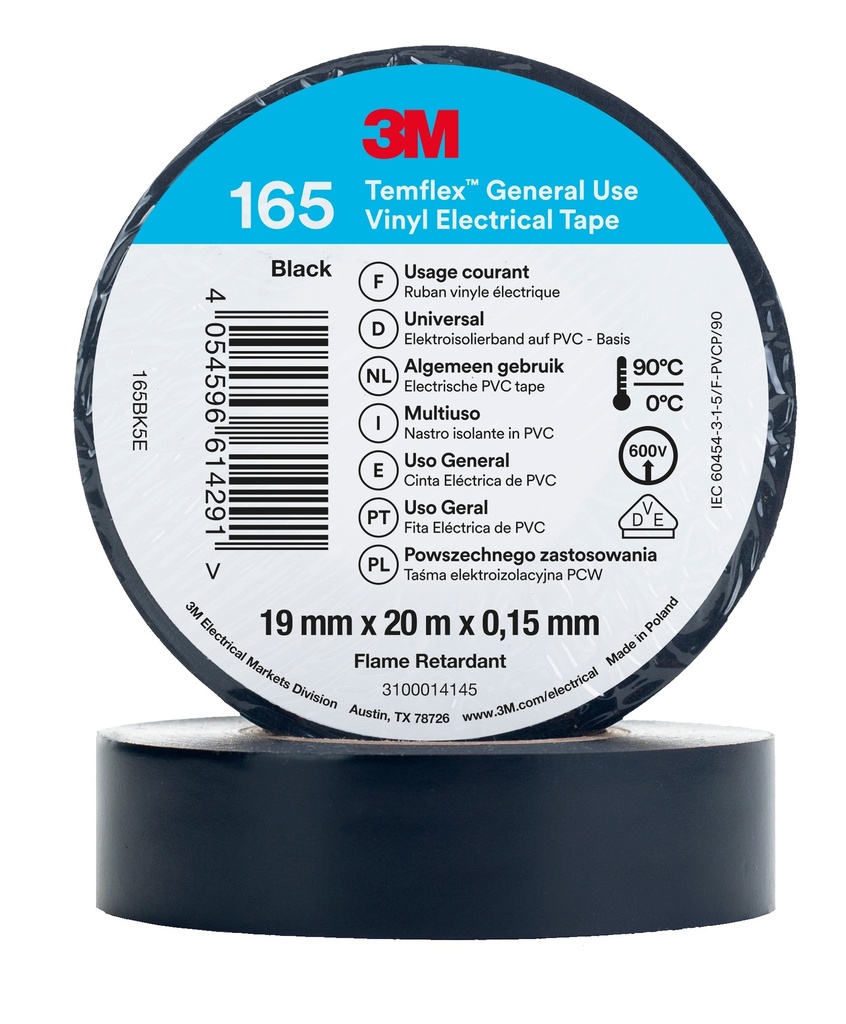3M 6002143 Temflex -vinyylisähköteippi 165, Musta, 19 mm x 20 m